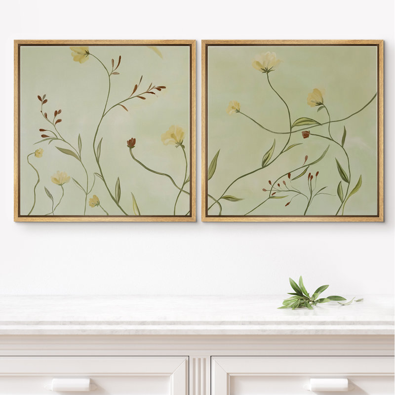 Doux vert botanique, ligne de vigne encadrée, œuvre d'art de la chambre principale, 2 pièces, Cadre flottant naturel