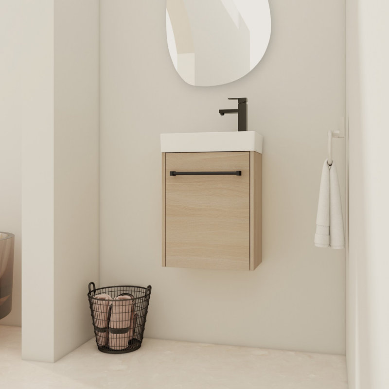 Meuble-lavabo flottant mural avec lavabo en céramique, Brun
