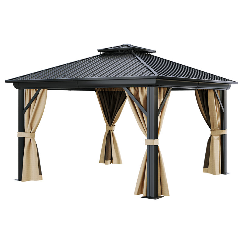 12ft x 12 ft Outdoor Canopy Gazebo, Patio Gazebo, Hardtop Gazebo, Elegant Hardtop Pavilion with Double Layered Roof and Curtains, Suitable for Patio and Backyard