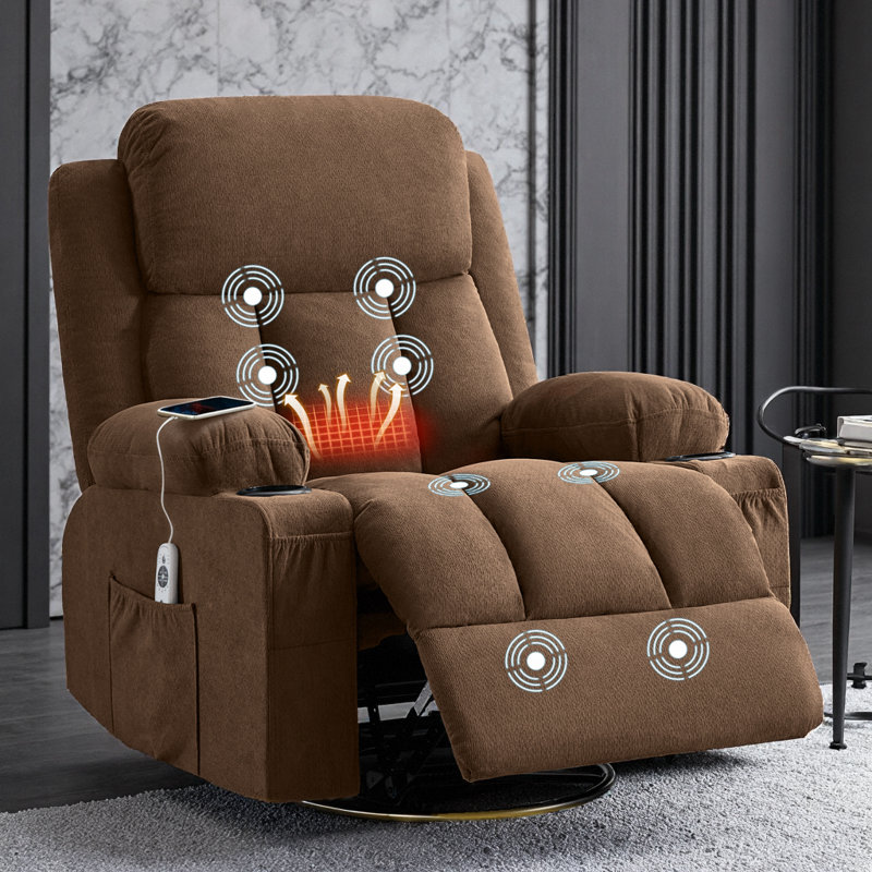 38" Brown Swivel Rocker Recliner w/ 8-Point Massage & Heat, Cup Holders, USB Port, 350 lb Capacity, Brown