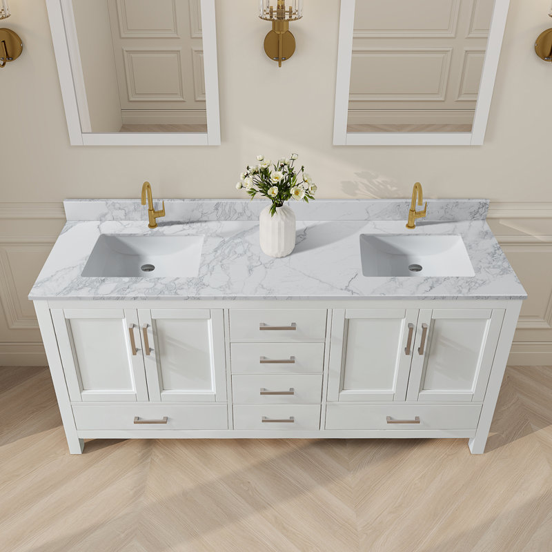 Meuble-lavabo double 72 po avec plateau en granite blanc Riverford