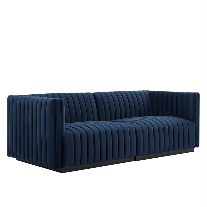 Conjure Channel Tufted Loveseat, Black, Navy Blue Velvet