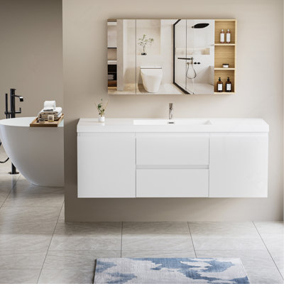 Meuble-lavabo flottant 60 po avec lavabo, meuble-lavabo mural moderne avec lavabo à surface solide et tiroirs à fermeture en douceur 60 po