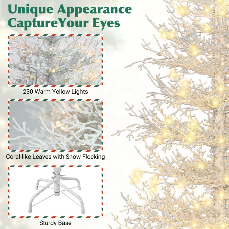 Arbre de Noël artificiel en forme de corail pré-éclairé avec branches en métal blanc, 4'