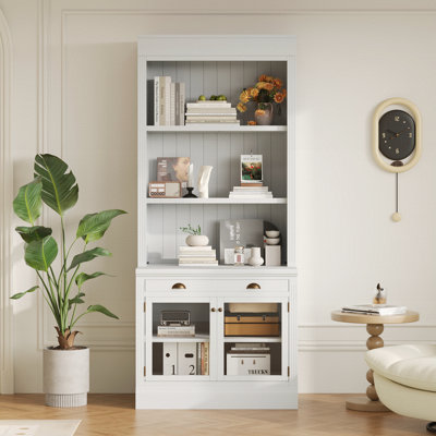 Bibliothèque de 83,4 po de hauteur, bibliothèque moderne avec 2 portes en verre et 1 tiroir, bibliothèque de rangement avec tablettes ouvertes, blanc