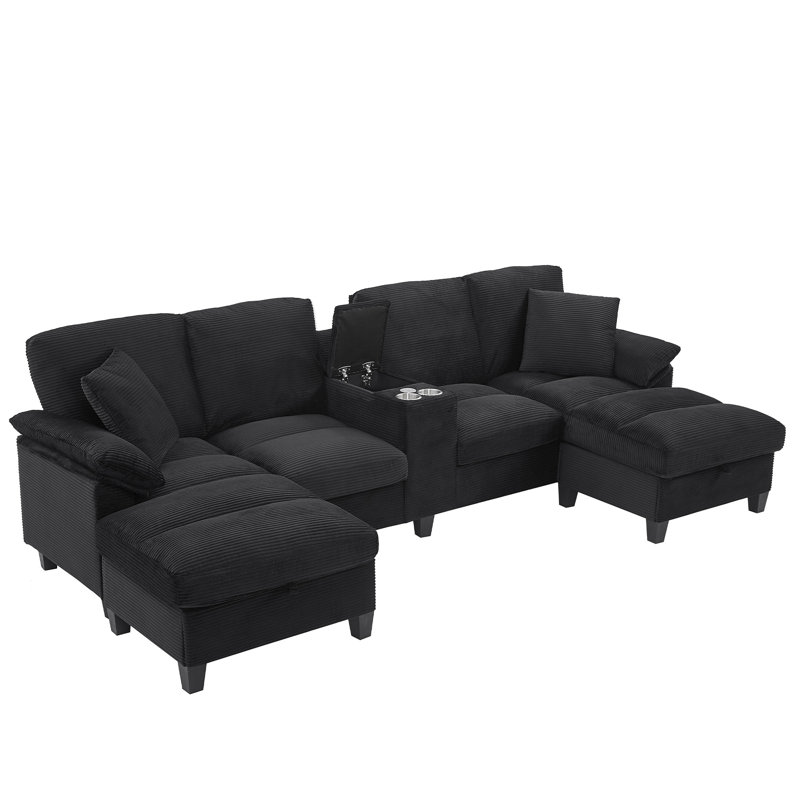 Canapé modulaire moderne en forme de U de 116,9 po Canapé rembourré en velours côtelé avec repose-pieds, porte-gobelets et ports USB pour le salon, noir