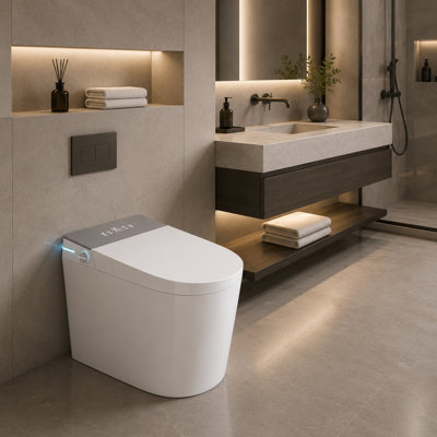 YingZe 23" Compact Smart Toilet with Bidet Seat Built-in For Small Bathroom, Auto Flush, LED Night Light,Heated Bidet with Warm Air Drying (White with Grey Panel)