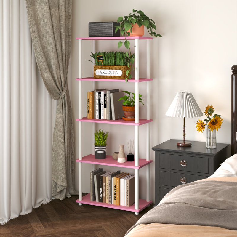 Bibliothèque à 5 niveaux avec tablettes ouvertes de 57,4 po, Rose / blanc, (5 tablettes) H 57,4 po x l 23,6 po x P 11,6 po