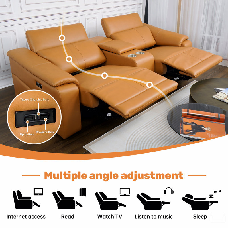 Ensemble de canapé inclinable, canapé modulaire inclinable à 4 places avec appui-tête réglable et inclinaison électrique, cuir respirant avec console de rangement et ports USB