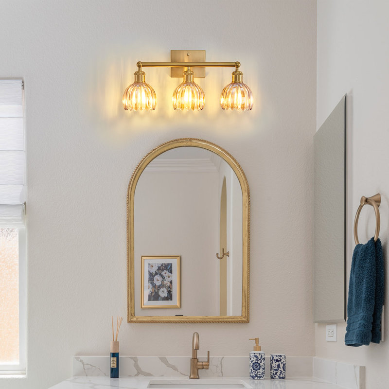 3-Light Gold Vanity Light Wall Light Over Mirror With Amber Tulip Glass Shade, Gold, Copper/Gold, 3 Lights