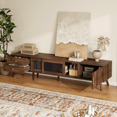 Meuble télé 85 po avec 76 po de longueur, conception moderne à grain de bois minimal, console de divertissement à portes en verre dans le salon, charnières à fermeture en douceur et armoires de rangement pour 70 à 79 téléviseurs, chambre à coucher, solutions intelligentes