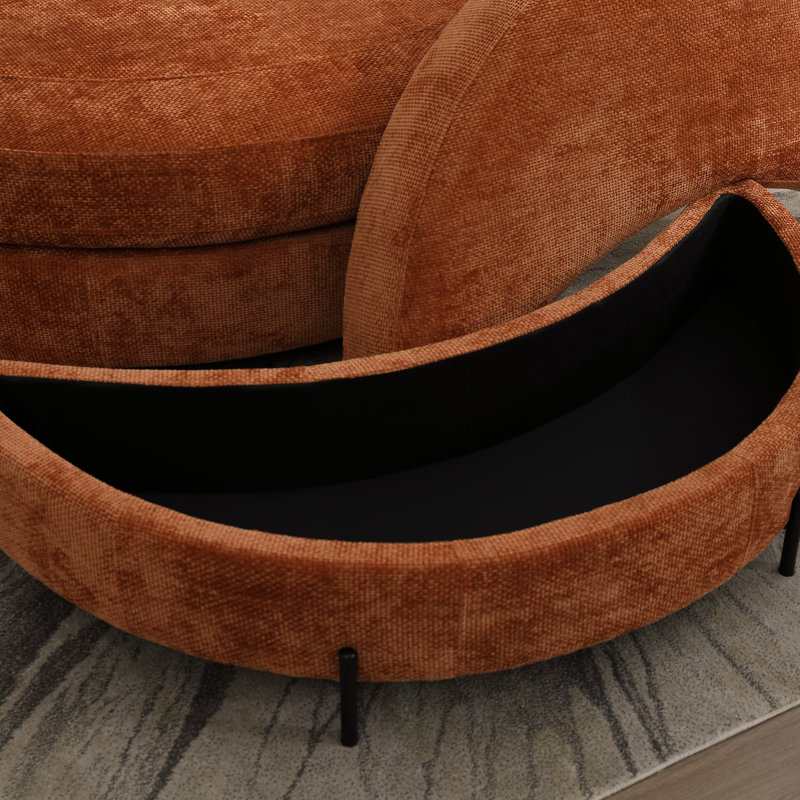 Grand repose-pieds rembourré avec rangement demi-lune, Chenille orange brûlé