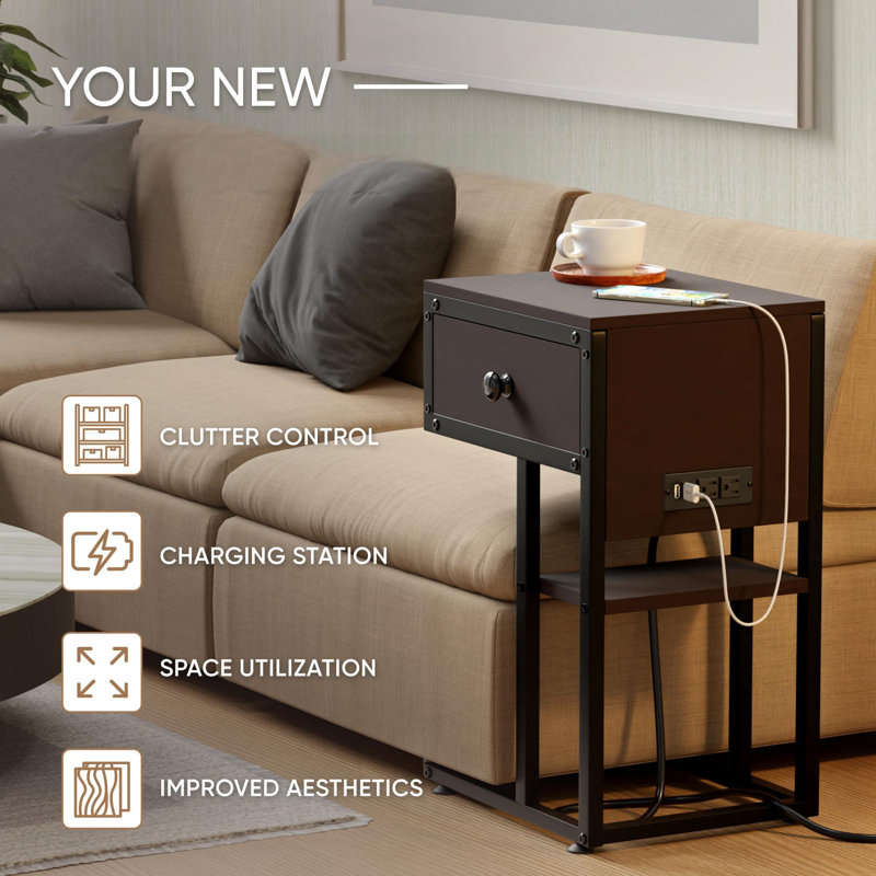 End Table With Charging Station - C Shaped Living Room Side Table With Drawer & Manual - Durable Bedside Table For Tidy Space
