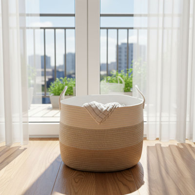 Multifunctional Large Woven Storage Basket With Handle, Soft Round Shape, Suitable For Laundry, Toys, Blankets, And Cushions. A Must-Have For Every Home.