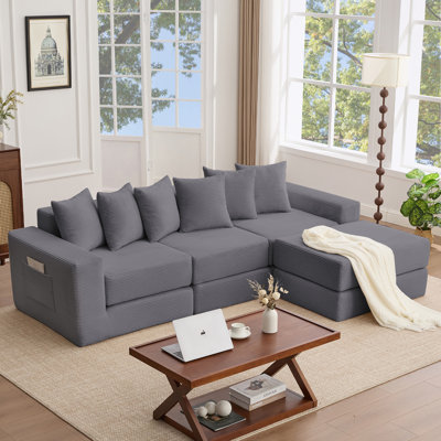 Corduroy Sectional Sofa with Deep Seat and Throw Pillows