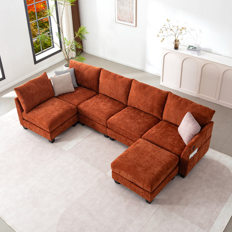 Canapé modulaire de 124 po avec repose-pieds, Rouge