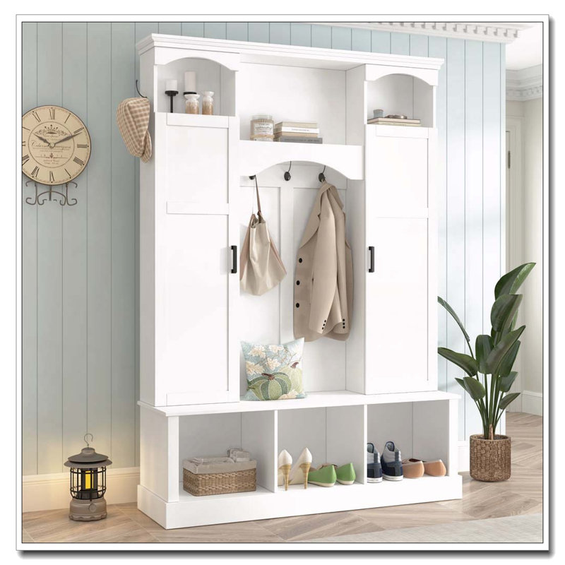 Modern All-in-One Hall Tree with Adjustable Shelves, Classic Arched Farmhouse Storage Bench with Dual Side Cabinets, White