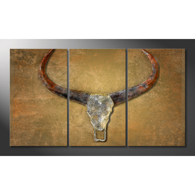 Bull Skull - Wrapped Canvas Print, 100 cm H x 180 cm W x 2cm D, 3-piece canvas set