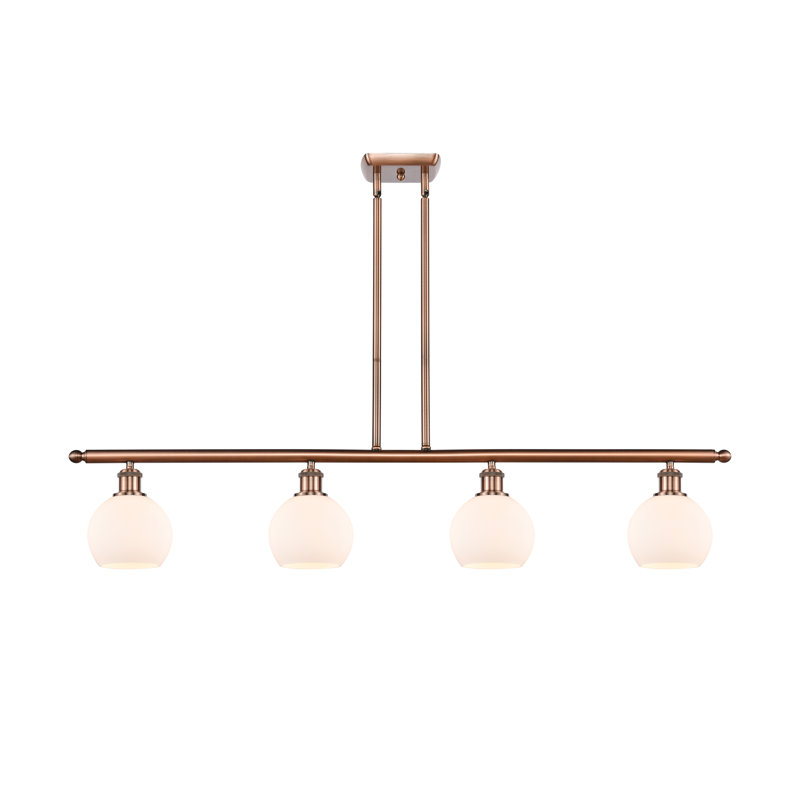 Luminaire suspendu linéaire à 4 lumières pour îlot de cuisine Cindi, H 9,38 po x l 48 po x P 6 po, Blanc, Cuivre antique