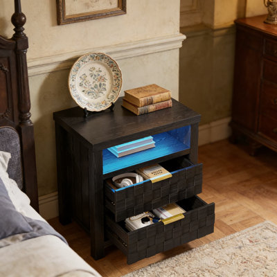 Smart Nightstand With Charging Station And LED Lights, Wide Bedside Table With 2 Drawers And Adjustable Lighting For Bedroom