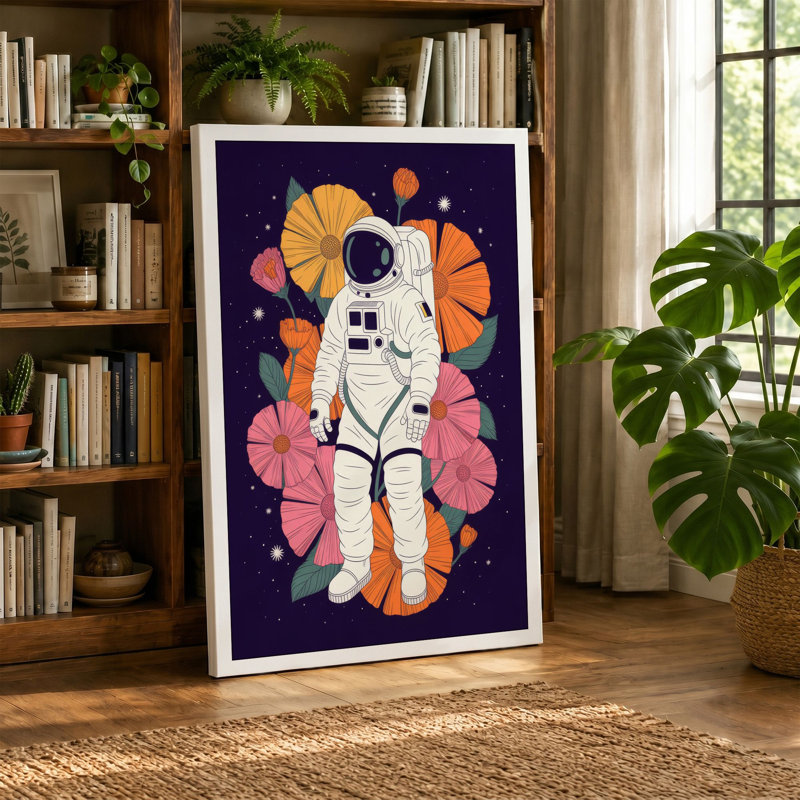 Astronaut Among Blooms Modern - Wrapped Canvas, 18x12 - 45.7 x 30.5 cm, Terracotta Border