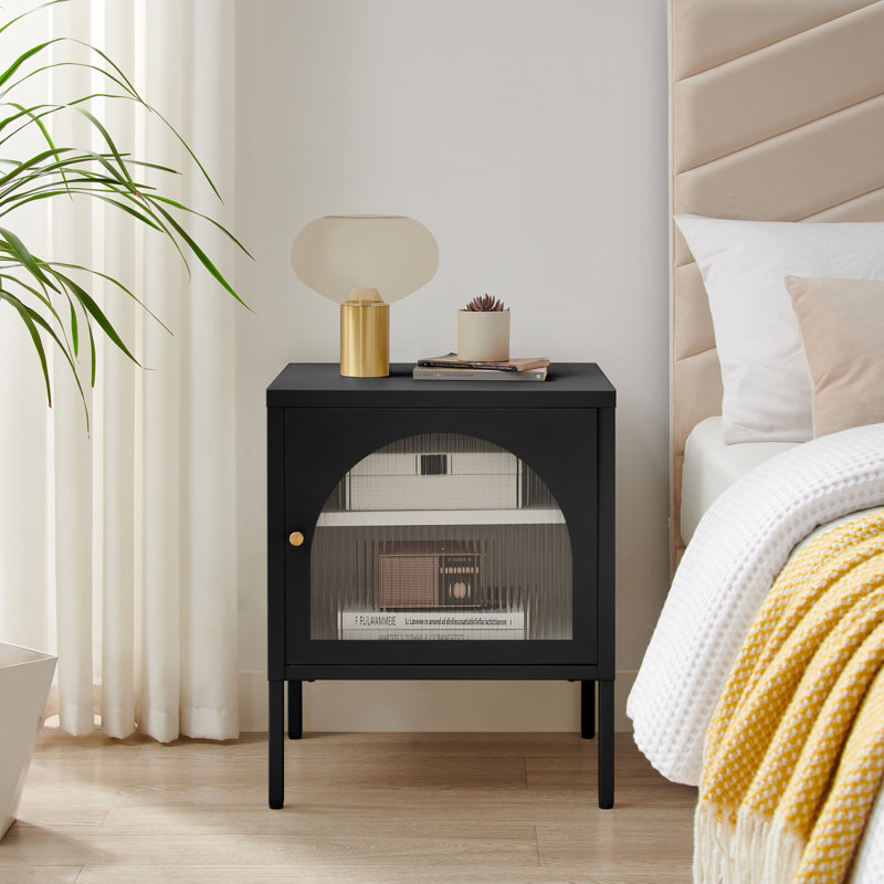Natela Metal & Glass Single Door Bedside Table - Modern Deco Style, Black