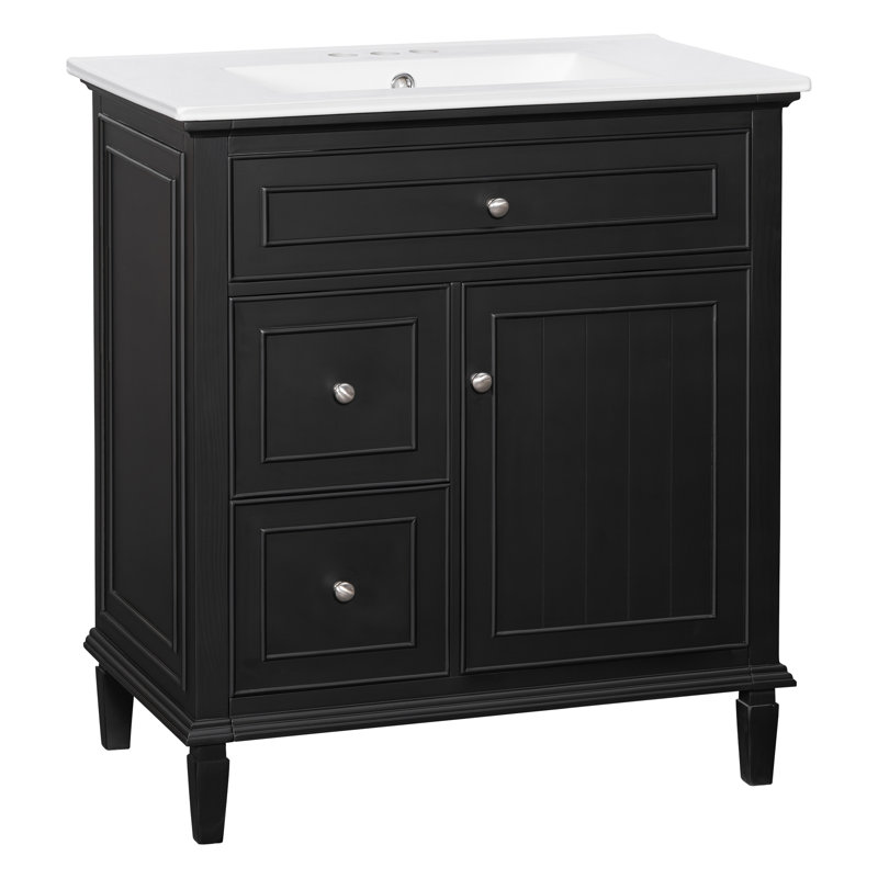 Meuble-lavabo moderne autoportant de 30 po avec lavabo combiné, tiroirs de rangement rabattables et standard, tablette réglable, structure en bois massif
