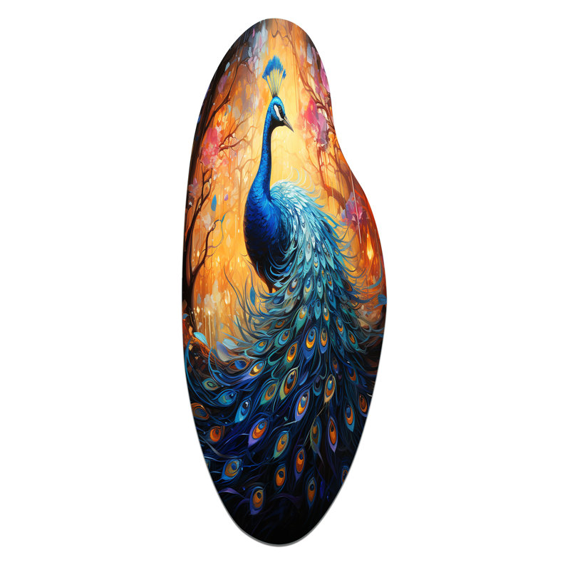 «Blue Peacock Luminous» - Décoration murale irrégulière en forme de paon en métal, H 30 po x l 11 po