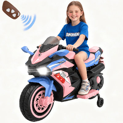12v Electric Motorcycle For Kids 3-11 Years Old, 4 Mph Max Speed, Led Lights, Bluetooth Music, Battery Powered, Blue+Pink