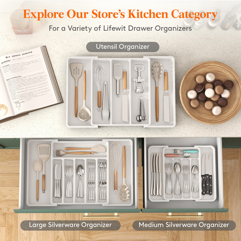 Rangement de tiroir Silverware, plateau à ustensiles extensible sans BPA pour la cuisine, couverts réglables et porte-couverts pour cuillères, couteaux, organisateurs de cuisine et rangement en plastique