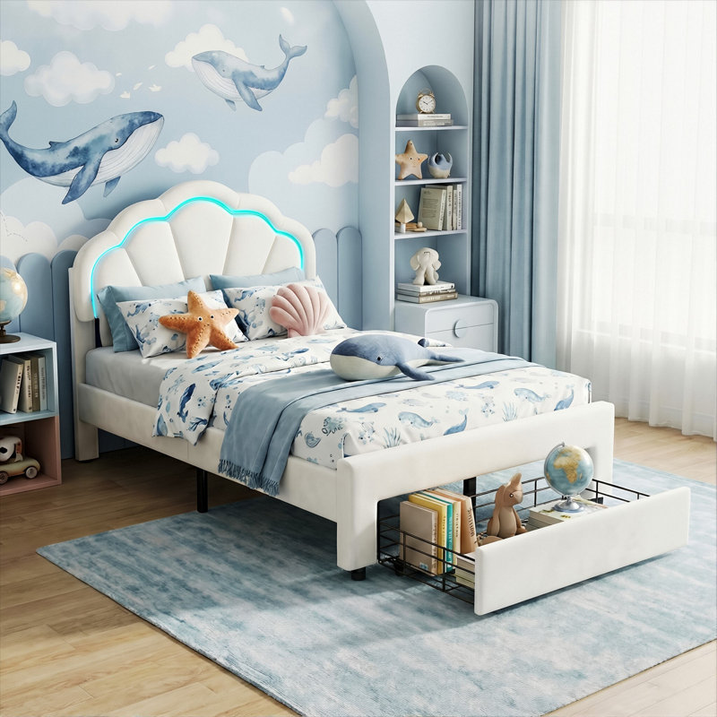 Smart LED White Velvet Bed Frame With Storage Drawers, Scalloped Petal Headboard & App Control, European Single (90X200cm) & Double (140X200cm)