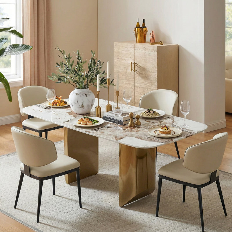 Hugette 55''Rectangular Sintered Stone Dining Table for 2-4 People, Modern Kitchen Table with Gold Stainless Steel Legs , Luxury Dining Room Table for Living Room, Gold (Table Only)