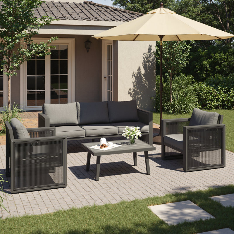 Harloe 5-Person Aluminum Patio Conversation Set With Cushions, Featuring Decorative Pull Cord Detailing