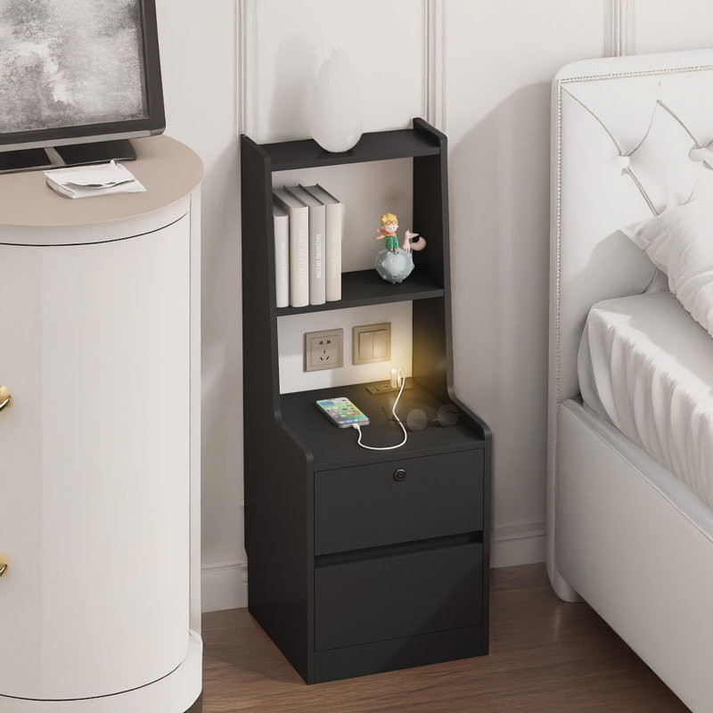 Modern Night Stand with Bookshelf, Black, Individual