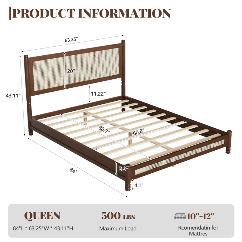 Cadre de lit plateforme en bois de style bohème avec tête et pied de lit en rotin tressé, Queen, Walnut