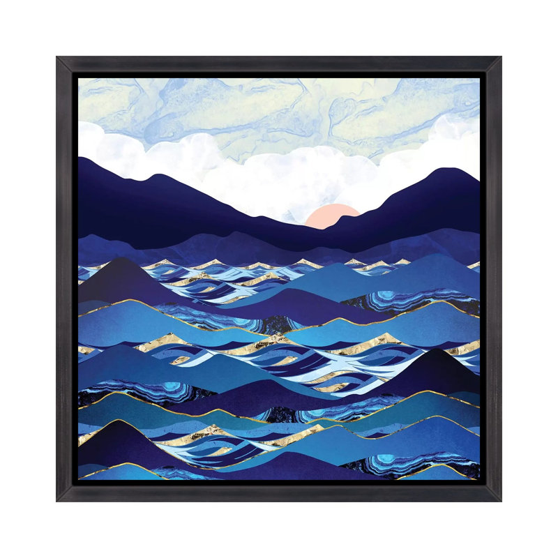Bleu océan - imprimé, Cadre flottant noir patiné, H 18 po x l 18 po x 1,5 po