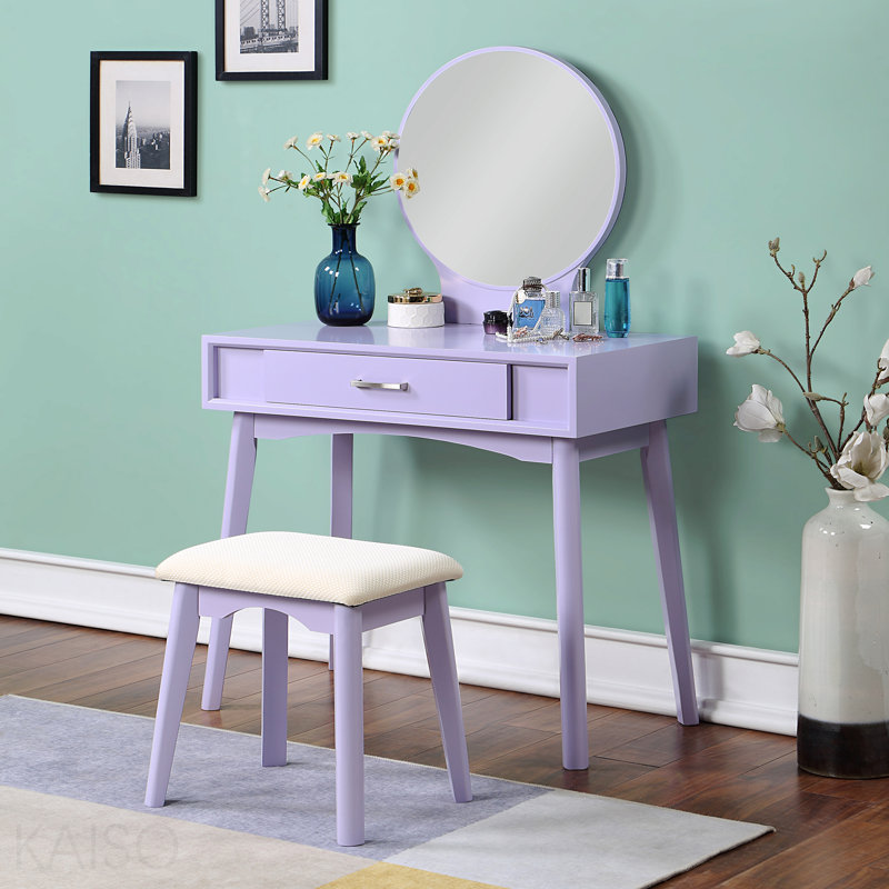 Contemporary Wood Vanity And Stool Set, Purple, Purple