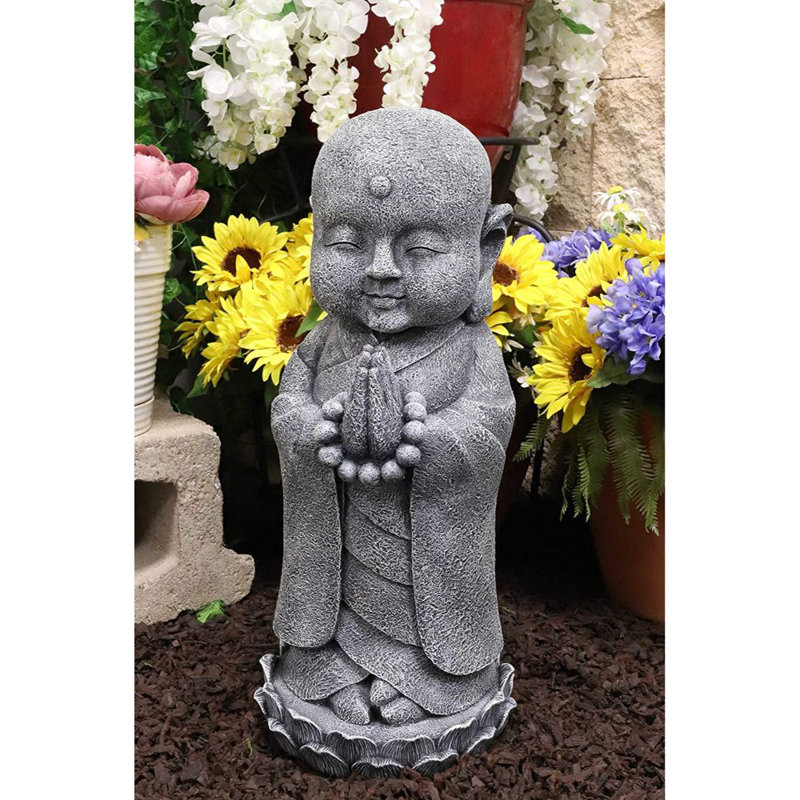 Statue de Bouddha d'Alep Jizo à Namaskara Mudra à la main avec pose de perles de prière et statue sur un trône de lotus