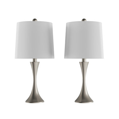 House of Hampton 25" Bedside Table Lamps Set of 2 - Mid-Century Modern Table Lamp Lights with Metal Flared Trumpet Base - Includes Energy Efficient LED Light Bulbs (Silver)