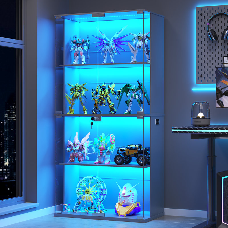 Display Cabinet With Glass Doors, 66" Lighted Display Case With 3 Color Lights, 4-tier Bookcase With Human Body Sensor, Gray