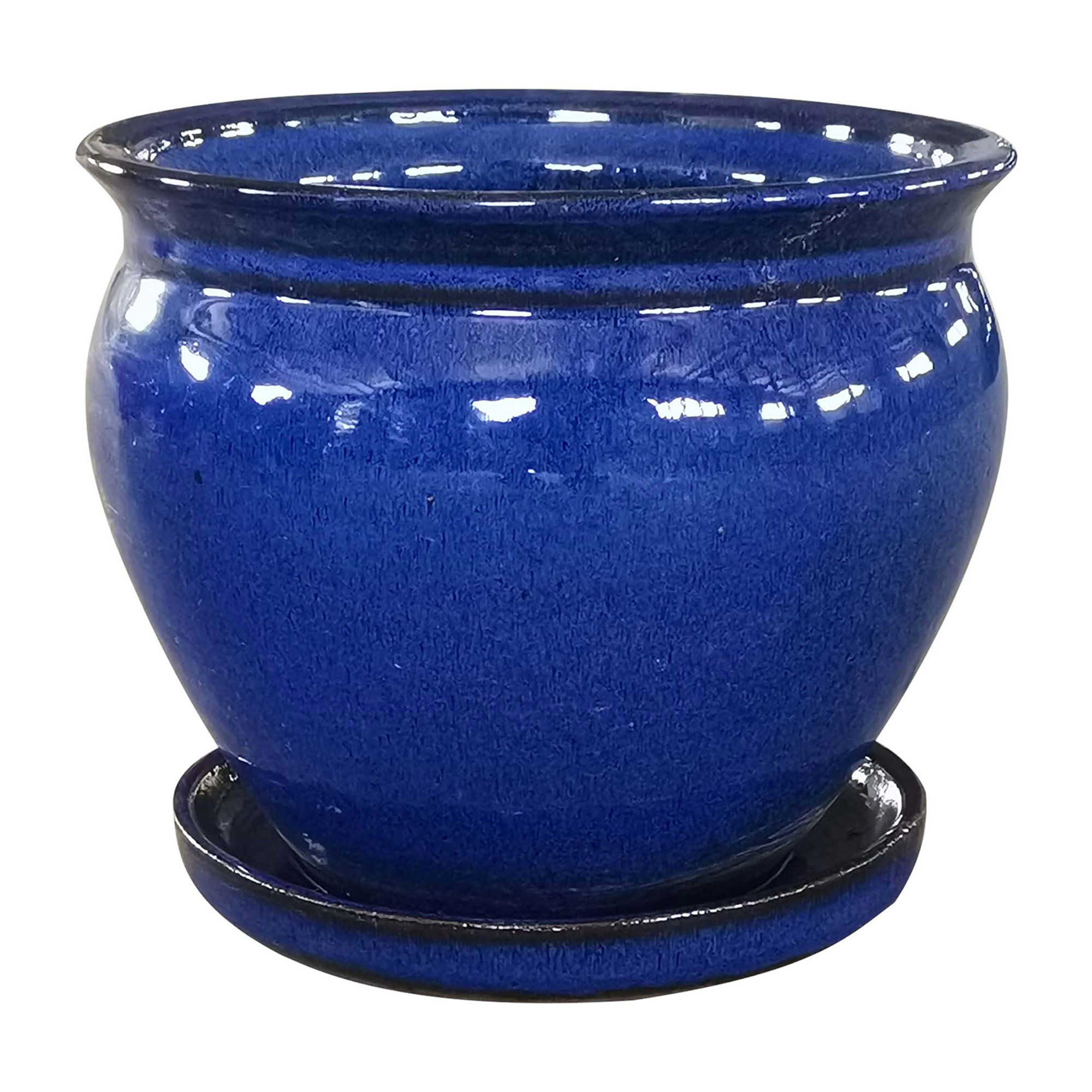 Diamond Blue Ceramic Pot with Attached Saucer - 4.5 x 4.25