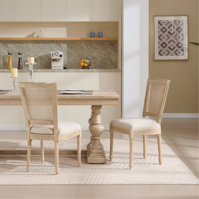 Dining Chairs Set Of 2, Upholstered  Chairs With Nature Rattan T-Shaped Back, Wire Drawing And Carving Techniques ,Disassemblable ,  For Living Room, Kitchen , Restaurant Use, Beige