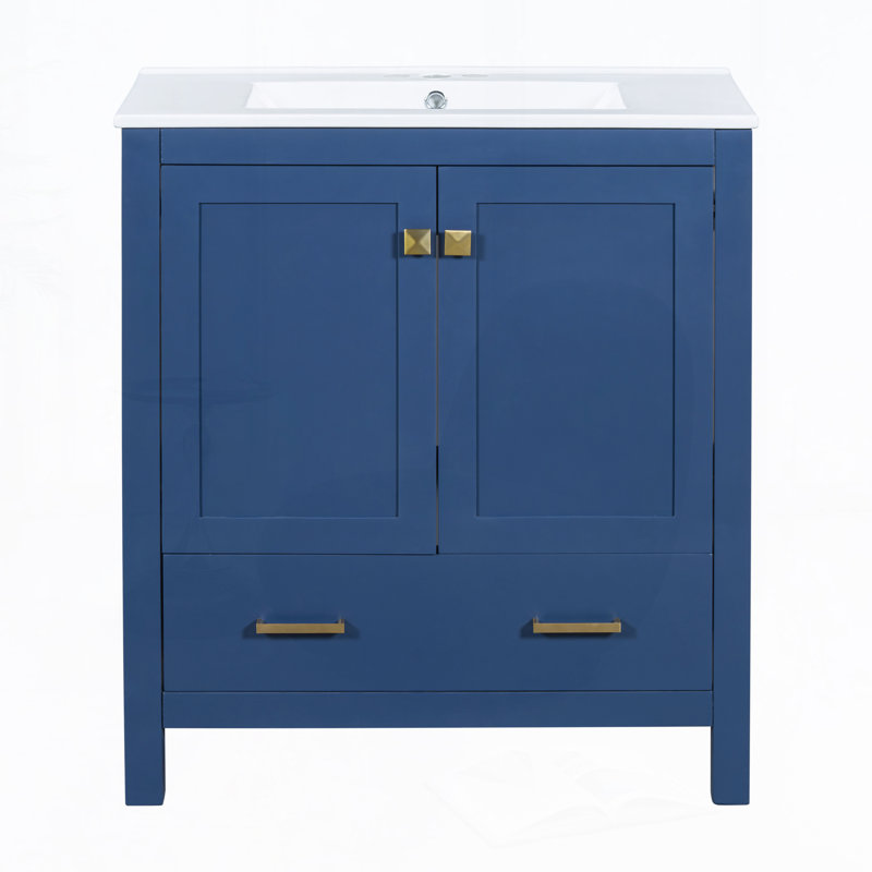 Ensemble de meuble-lavabo 60 po avec lavabos doubles (séparés), lavabos doubles en céramique, Bleu, Or