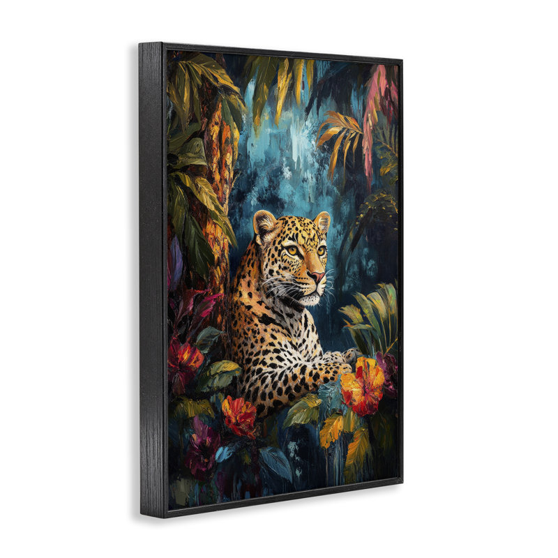 Giclée encadrée Wild Wild Jungle Cat, design par Petal Prints Design, H 18 po x l 12 po, Giclée encadrée noir minuit