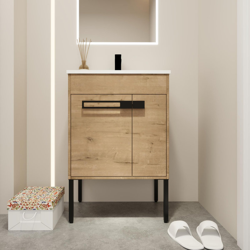 24'' Single Bathroom Vanity with Ceramic Top, Imitative Oak