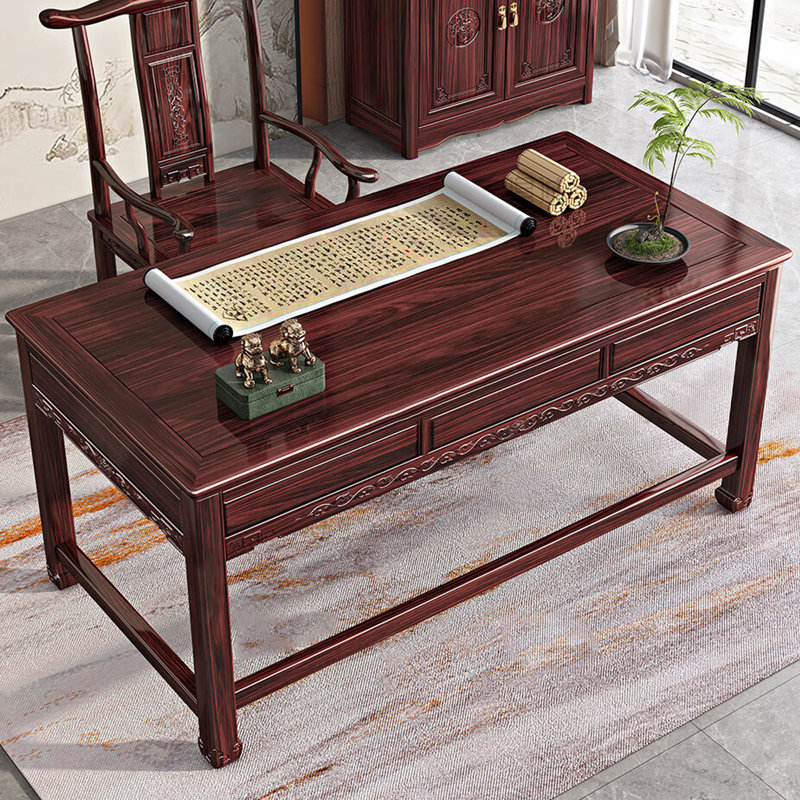 Chinese-style Carved Design 3-drawer Desk, 29.92" H x 62.99" W x 27.55" D