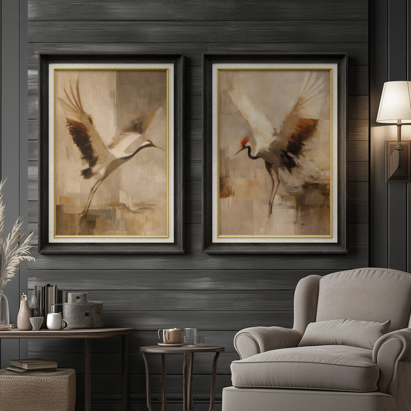 «Graceful Crane in Motion Elegant Neutral Wildlife Expression» - ensemble de 2 reproductions d'art encadrées de qualité supérieure sur papier 26 po x 36 po