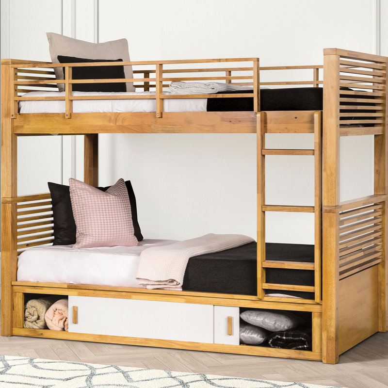 Lit superposé simple au-dessus de chêne au design transitionnel, structure en bois massif, rangement sous le lit et réversible avec finition, porte coulissante et joint