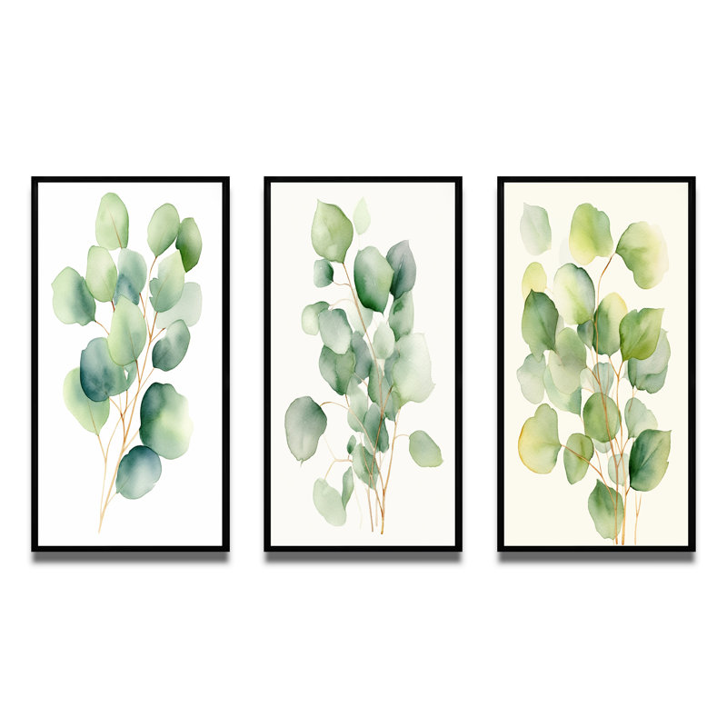 «White Green Minimalisme Eucalyptus Essence» 3 - pièces sur toile, Cadre flottant noir, H 28 po x l 36 po