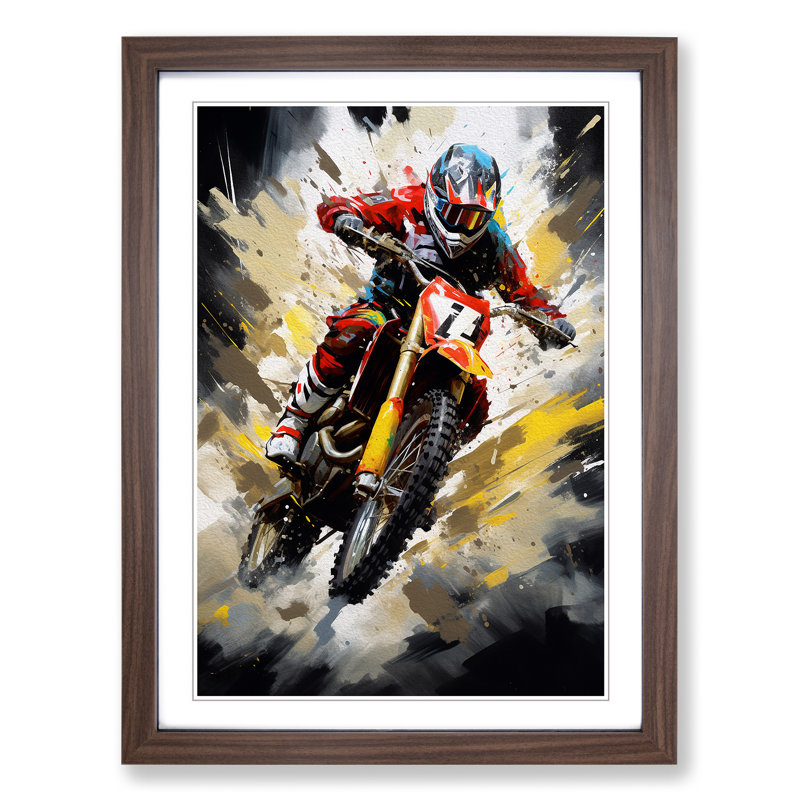 Motorbike Tachisme - Single Picture Frame Print on Wood, 34cm H x 25cm W x 2cm D, Walnut Framed